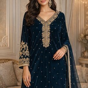 Dark green Luxurious  Embroidered Valvet 2 piece